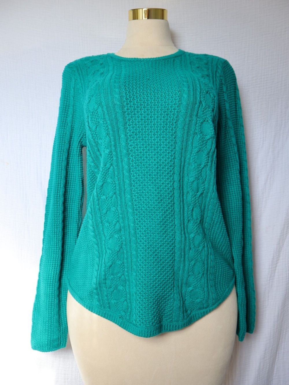 JEANNE PIERRE Teal Cable Knit Crewneck Sweater